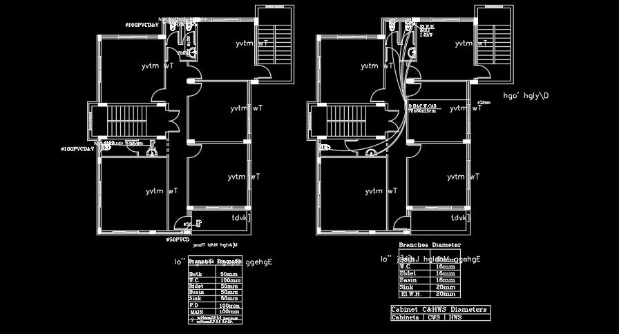 11x16m house plan second and third floor sanitary water line AutoCAD drawing