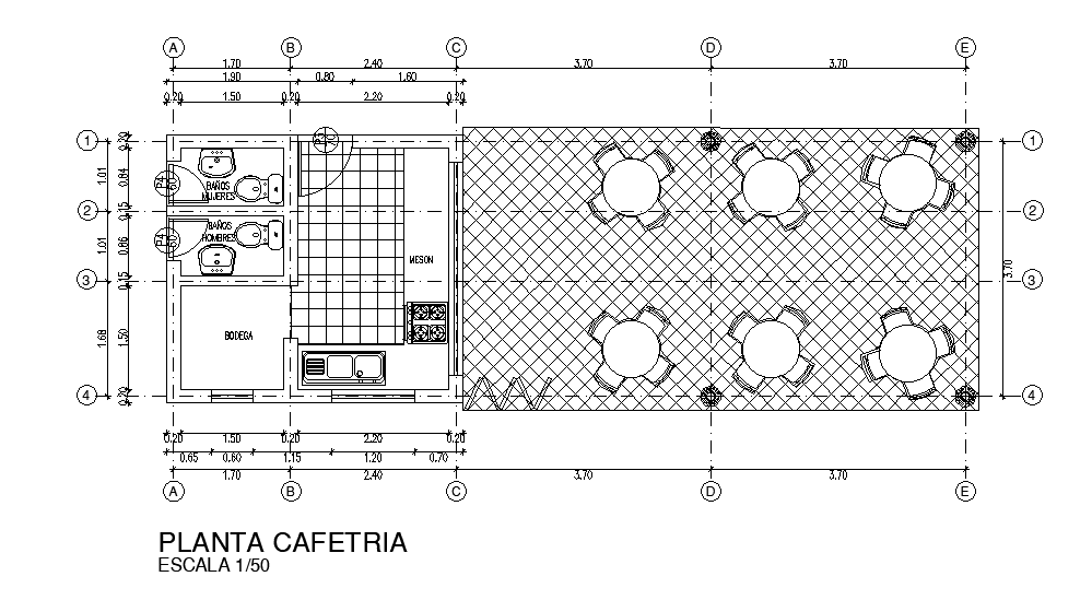 11x3m cafeteria plan is given in this Autocad drawing model. Download now.