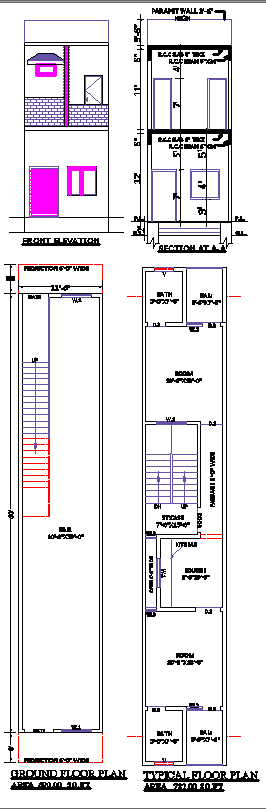 11x60 Narrow House Plan with Elevation and Section CAD File