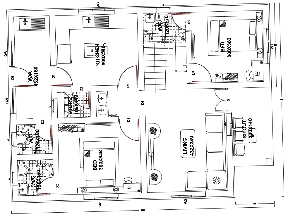 11x8m house plan is given in this AutoCAD model. Download the Autocad model now.
