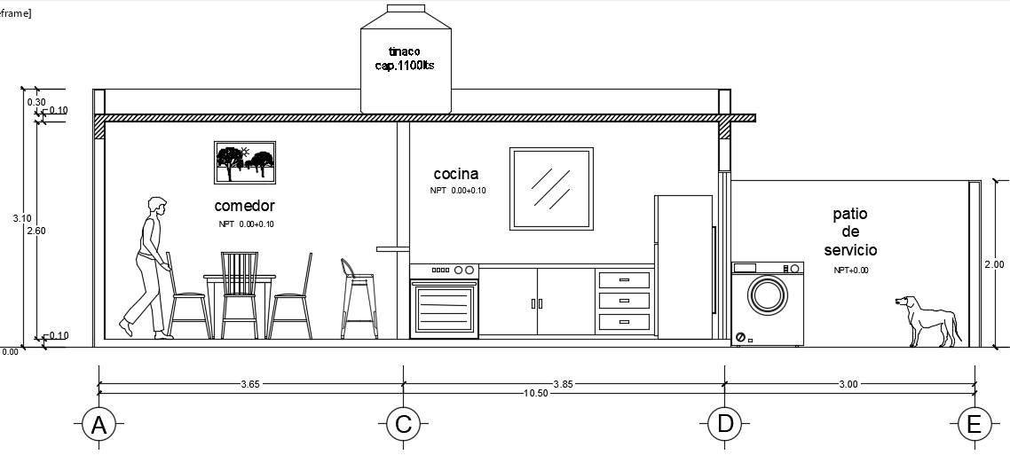 11x9m house building cut section view is given in this AutoCAD drawing file