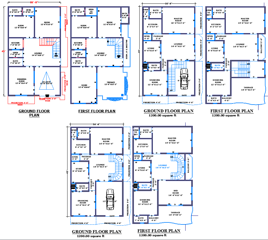 Three Unique 1200 Sq Ft House Design Plans with Full DWG File Details