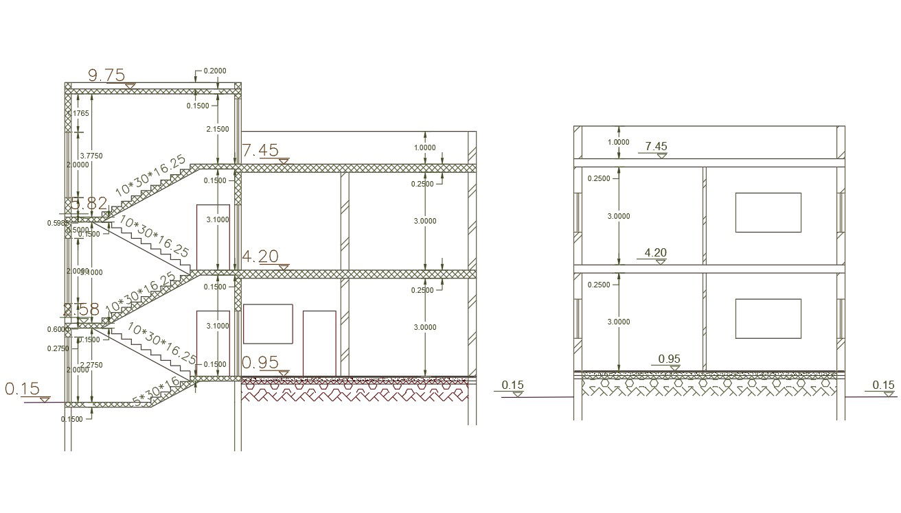 1200 Square Feet House Building Section Drawing