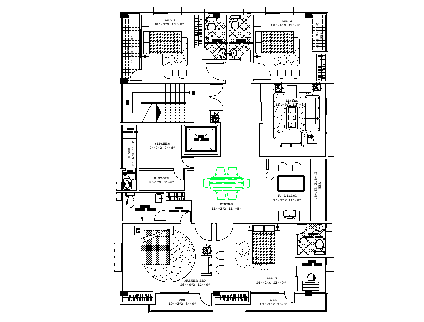 1200 Square Feet House Ground Floor Plan With Furniture Drawing DWG File