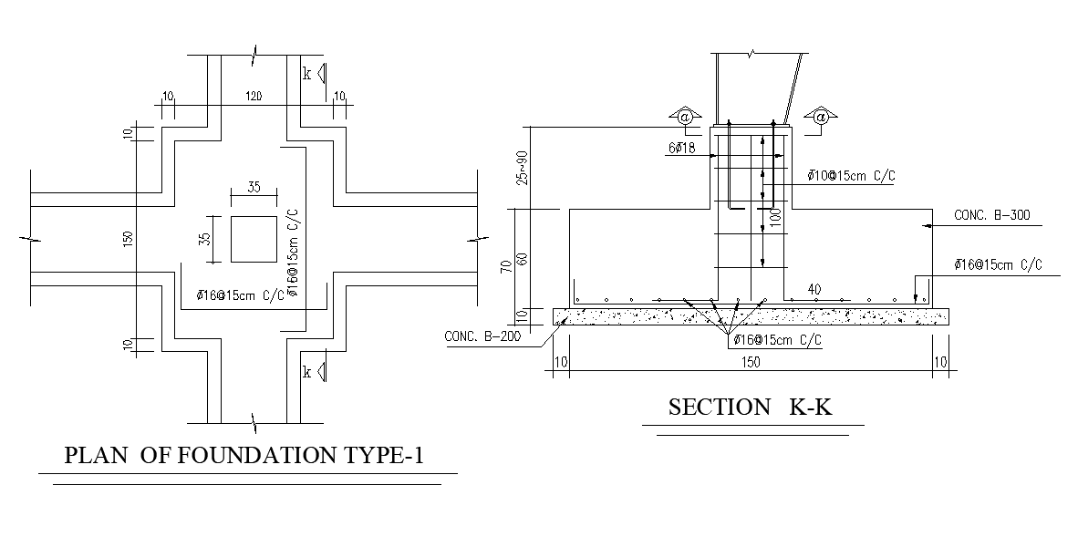 120X150mm Foundation Plan And Section Drawing Download DWG File