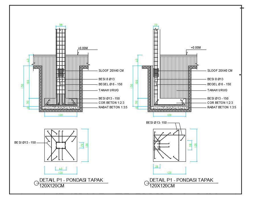 120x120cm foundation plan and section view