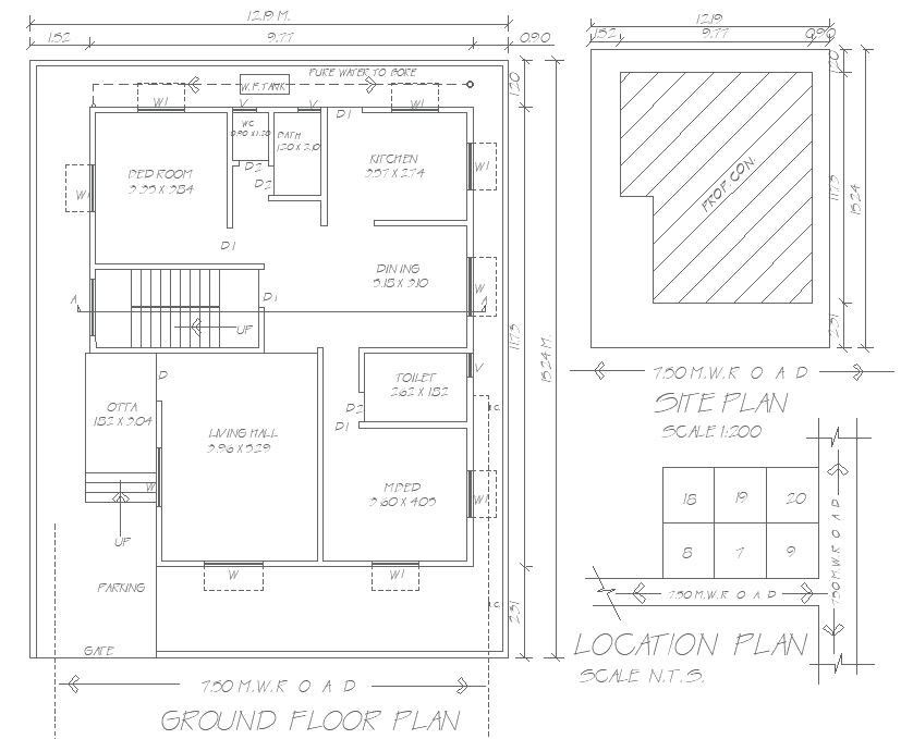 12.19mx15.24m 2BHK House Plan with Site Location in DWG File