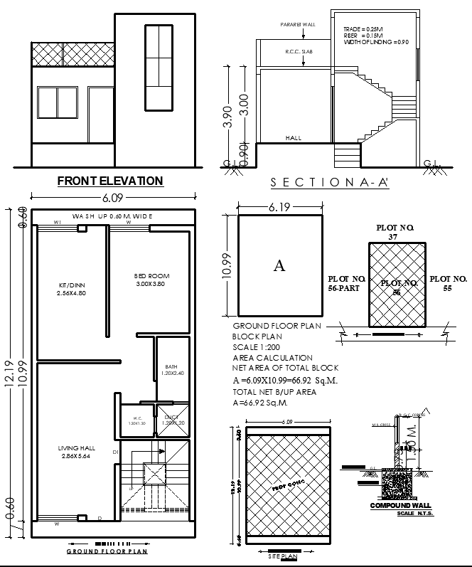 12.19x6.09m 1 BHK Residential House Plan in AutoCAD File