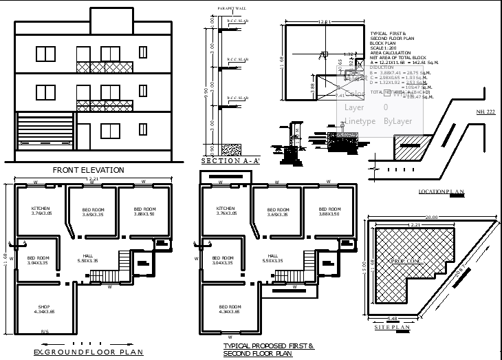 12.21x11.68m Bungalow Design DWG CAD File with Floor Sections