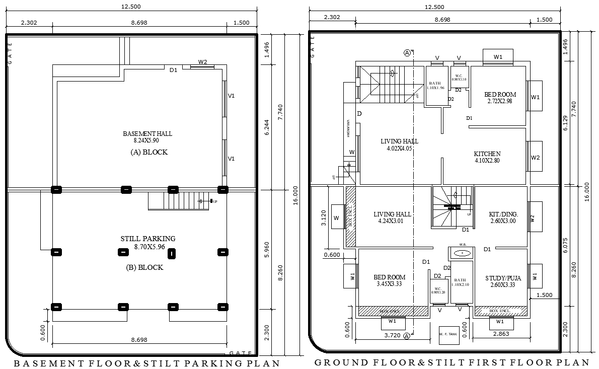 12.5x16m 2BHK House Plan with Basement and Parking DWG File