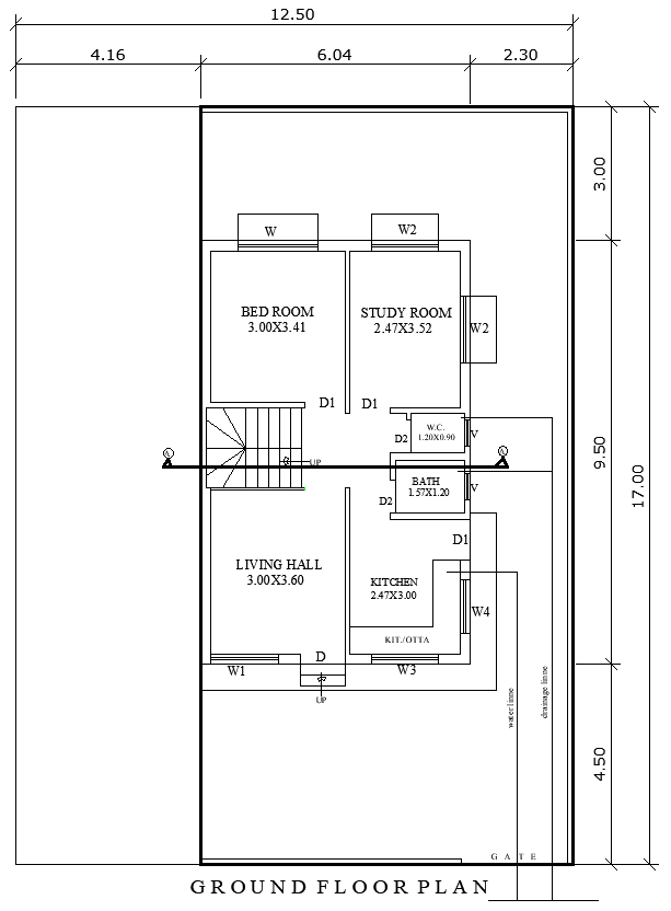 12.50mx17m Ground Floor Plan for 2BHK House in DWG File