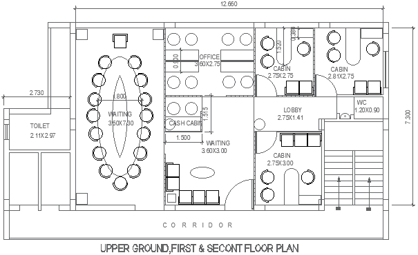 12.66x7.30m Office Interior Design Ground & Floor Plans DWG | Cadbull