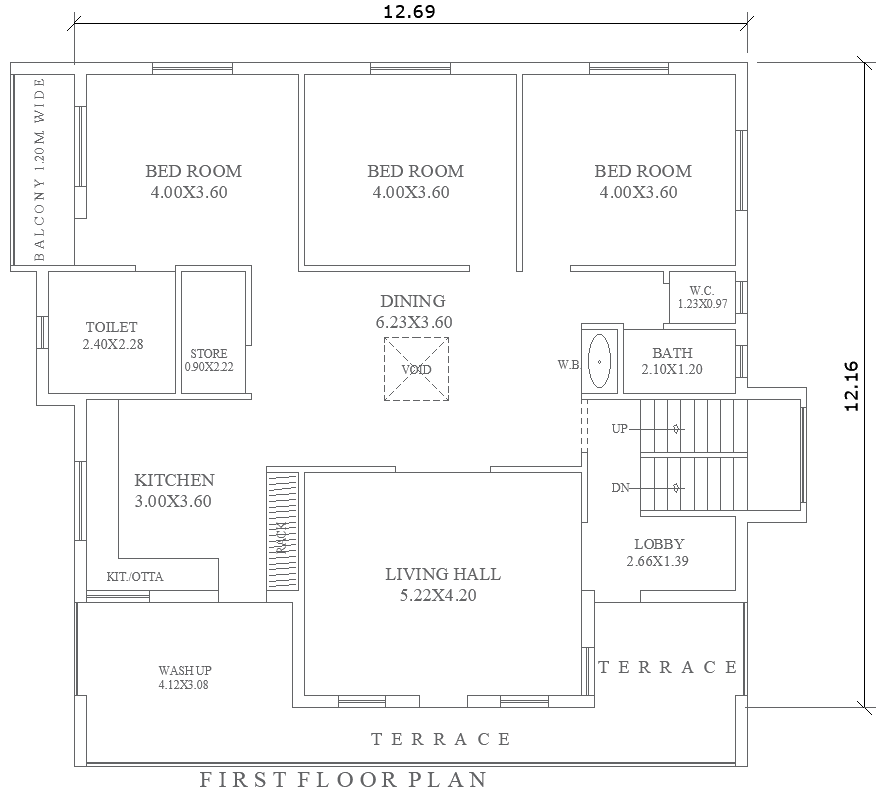 AutoCAD Plan 3BHK House Plan 12.69mx12.16m First Floor