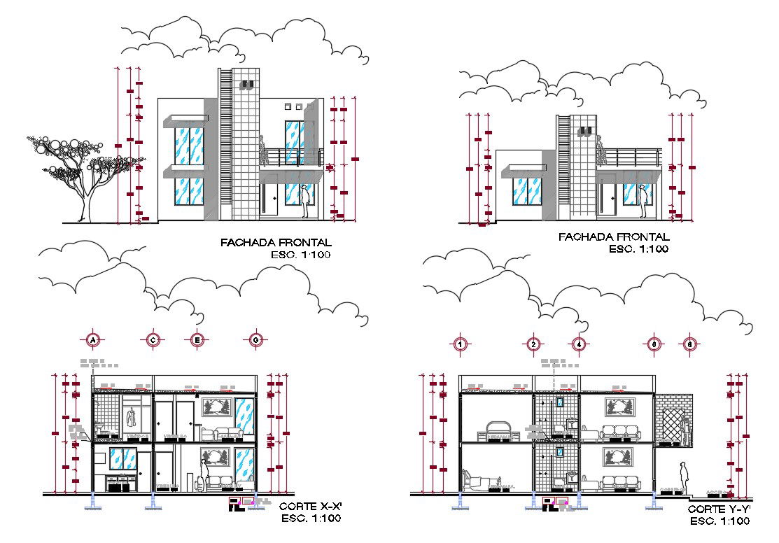 126 Square Feet House Building Sectional Elevation Design DWG File