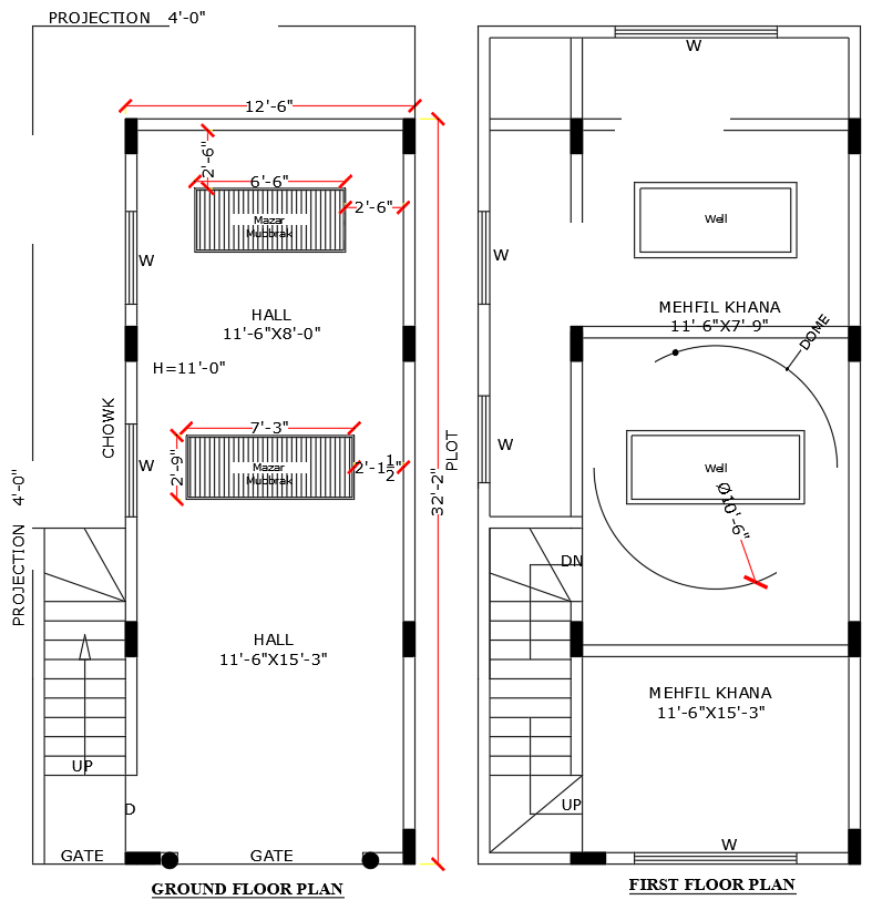 12.6ft x 32.2ft Ground and First Floor Banquet Hall Layout Design – AutoCAD DWG File