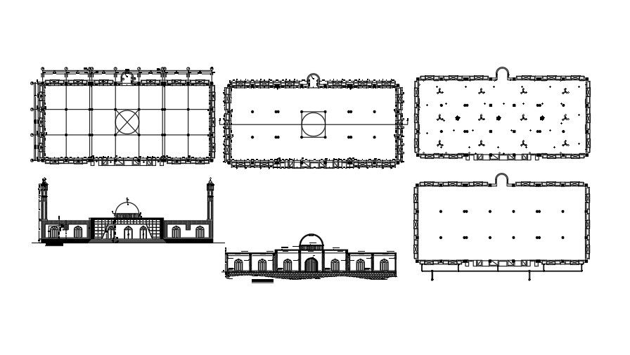 126’x59’ mosque plan & elevation view is given in this CAD file