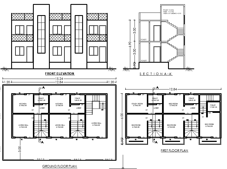 12.84×6m Residential House Floor Plan Bundle Layout in AutoCAD File