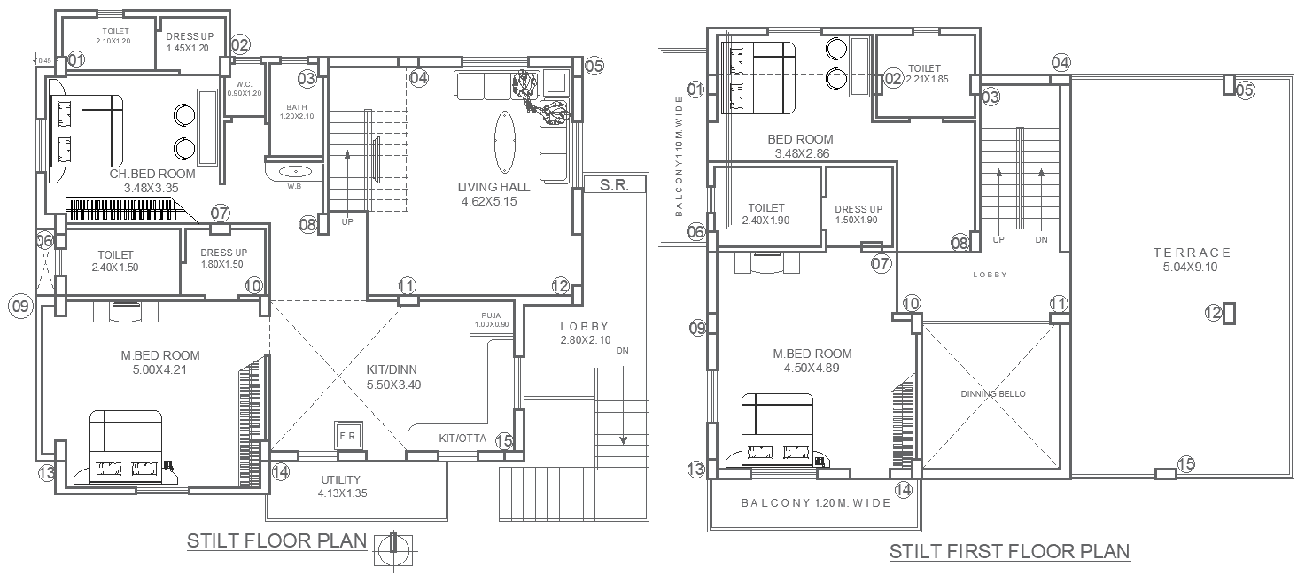12.96mx10.10m Stilt and 1 Floor House Plan Design DWG File