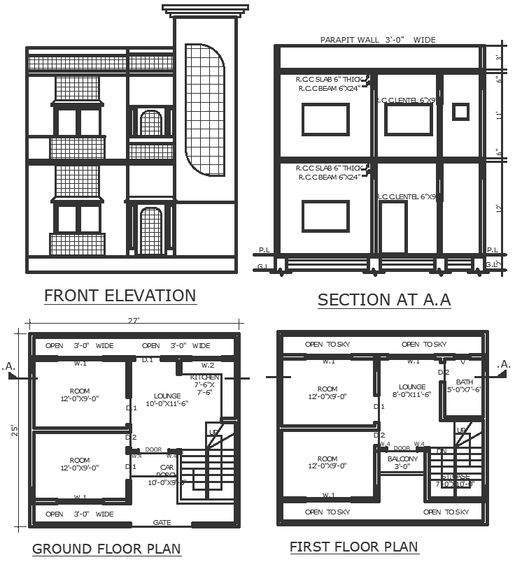 12x9 Bedroom Design in Four BHK House Plan Section Elevation
