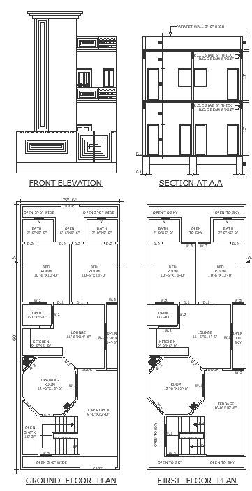 12ft X 13ft Octagon drawing room design in double storey house detailed plan section and elevation DWG autoCAD drawing