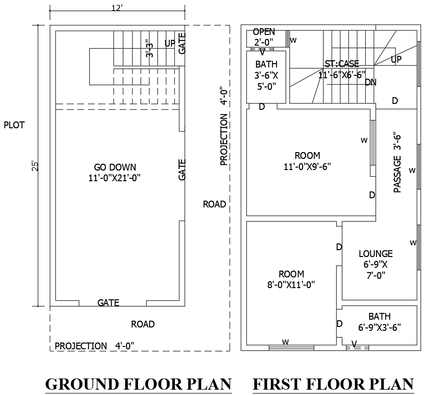 AutoCAD Drawing 12ftx25ft 2BHK with Storage Design