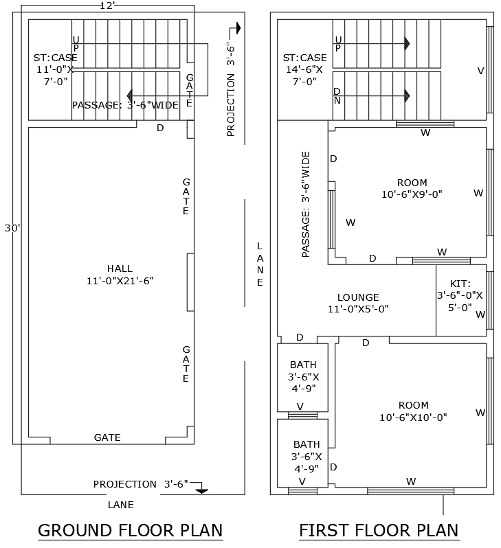 12ftx30ft 2BHK Two Floor House Layout in DWG File
