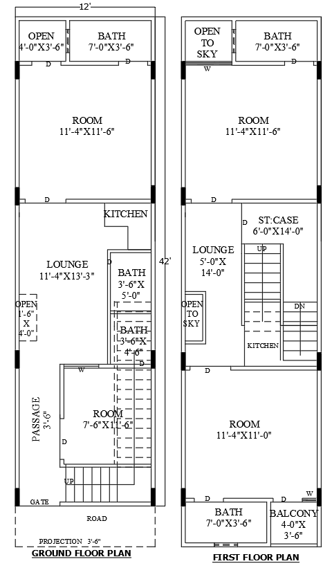 12ftx42ft 4BHK House Plan with Ground First Floor DWG file