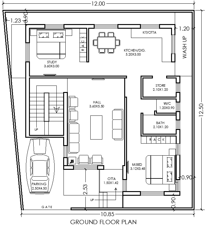 12x12.5m Ground Floor 2BHK House Plan Layout DWG Format
