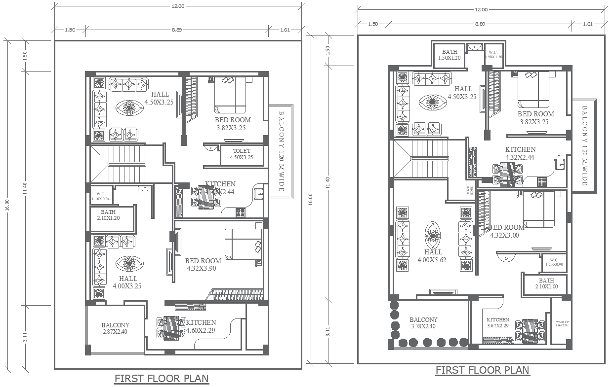 12mx16m Two First Floor House Plan Layouts in DWG File