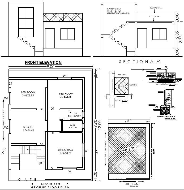 DWG File 2 BHK 12×9 m Floor Plan with Elevation and Section Details