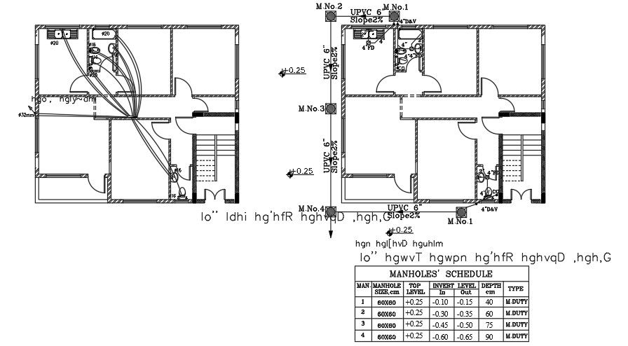12x11m house plan of the sanitary water line connection AutoCAD drawing