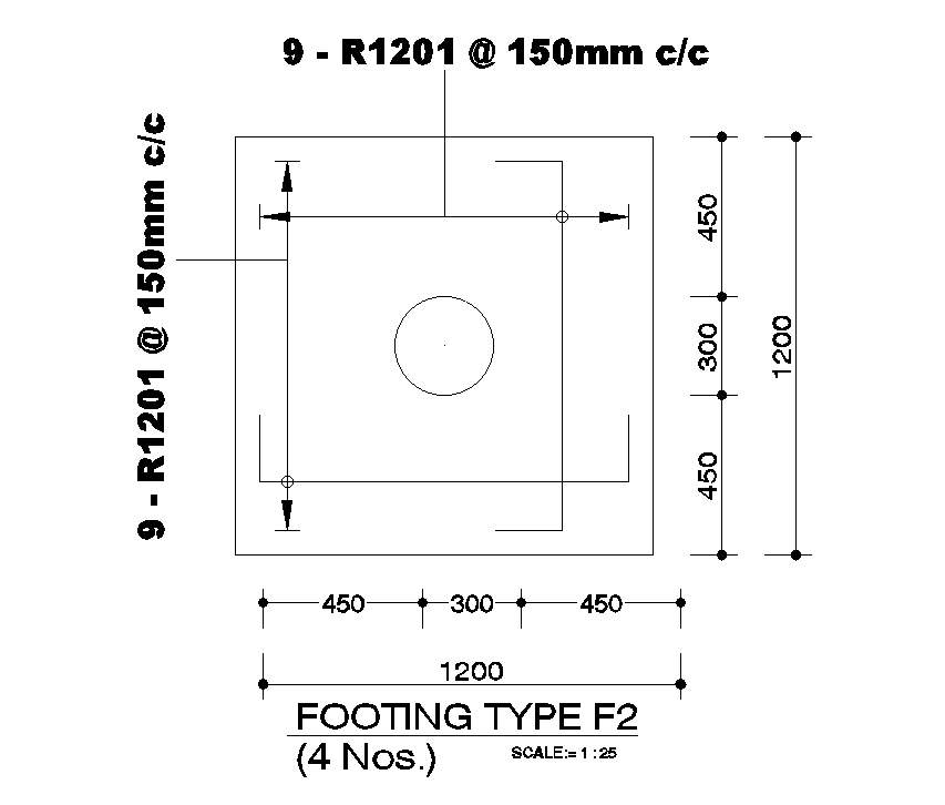 1.2x1.2m footing detail is given in this Autocad drawing model. Download now.