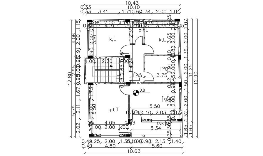 12x13 Meter 3 BHK House Center line Plan AutoCAD File