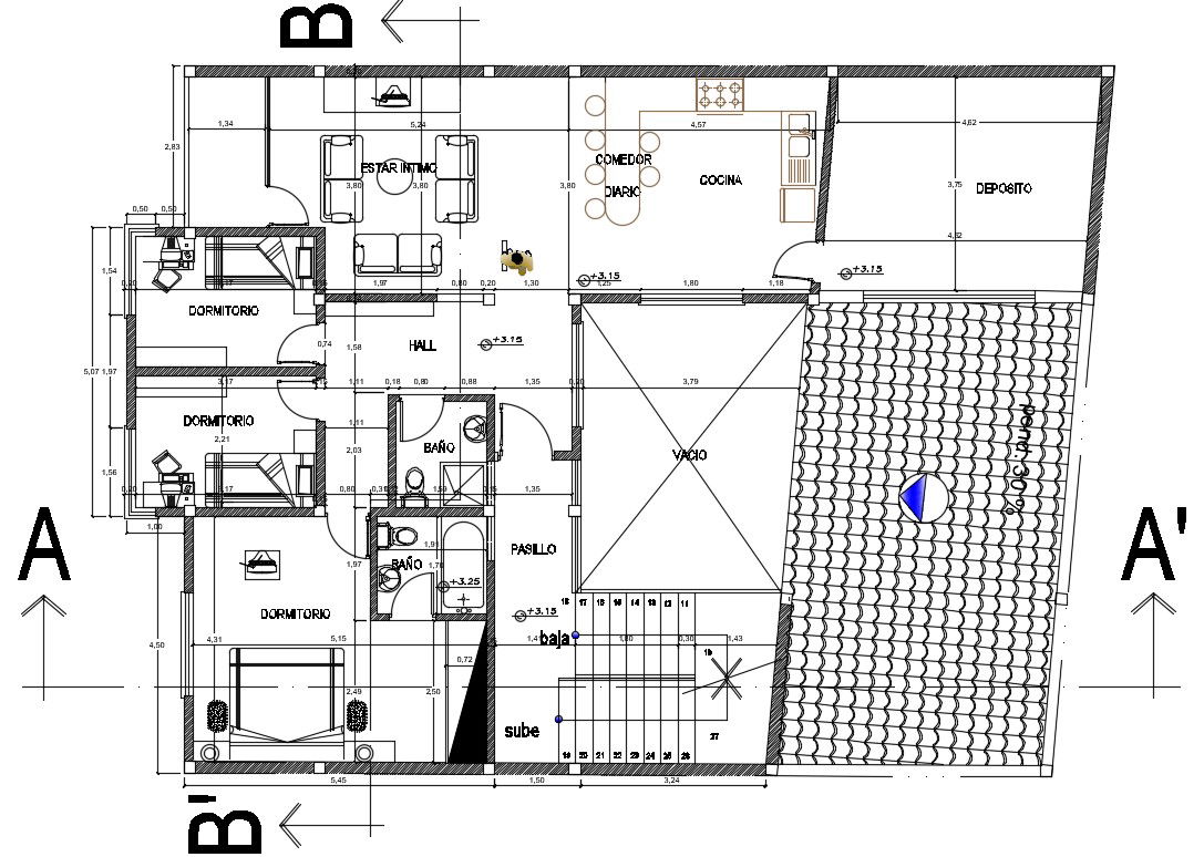12x15m first floor house plan has been given in this Autocad drawing file. Download the Autocad model.