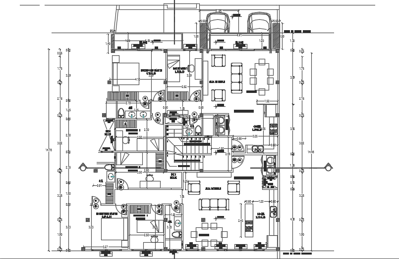 12x21m three story first floor house plan AutoCAD model is given in this file