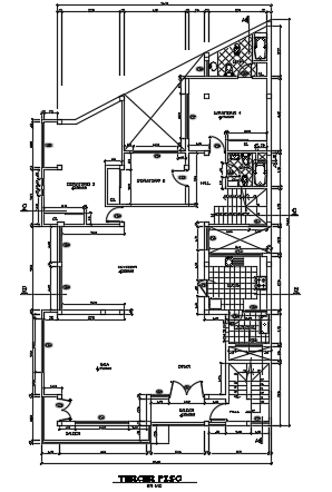 12x23m three story residential second floor house plan cad drawing is given in this file