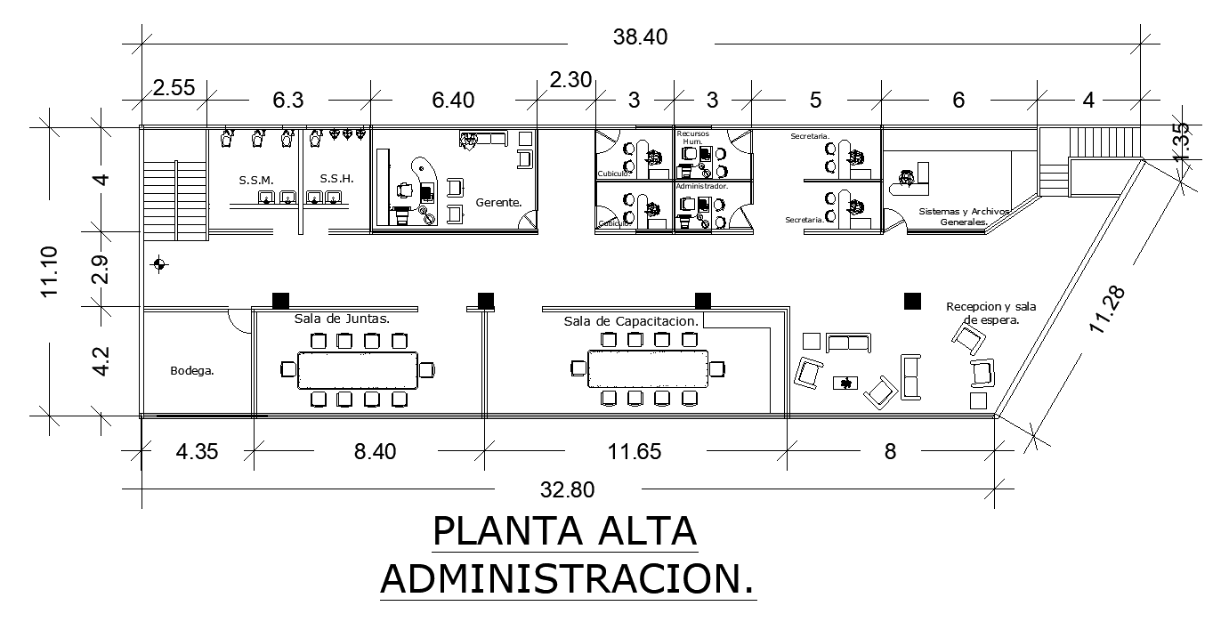 12x38m administrative office plan drawing is given in this file