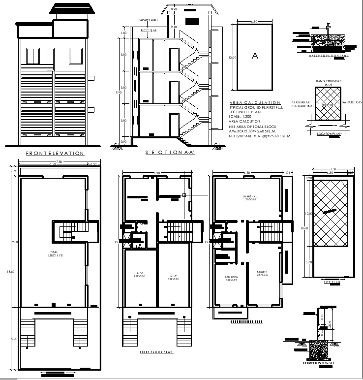 12x7.50m Residential DWG CAD Plan with Hall, Shop, and Balcony