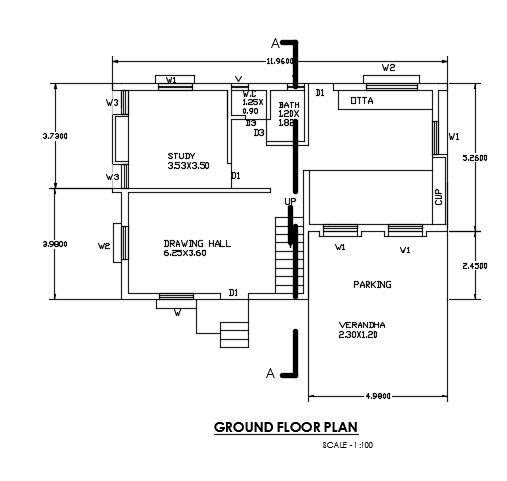 12x8m ground floor plan 2D AutoCAD drawing is given in this model