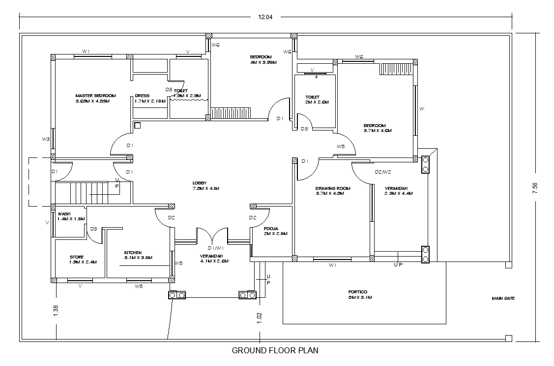 12x8m ground floor villa plan is given in this AutoCAD drawing model.Download now.