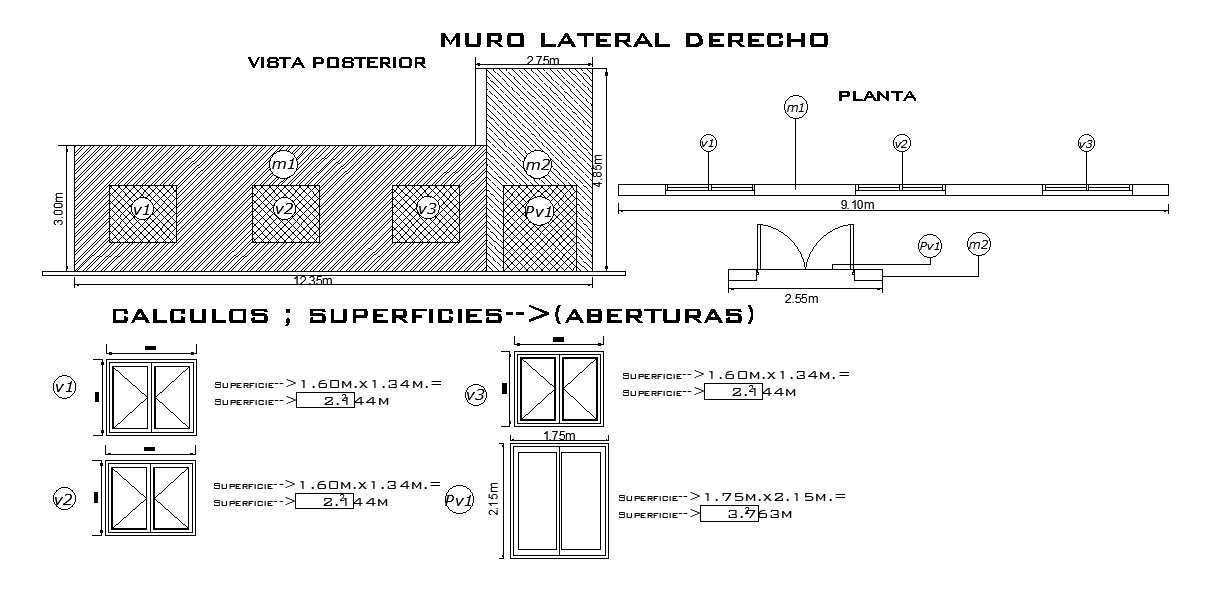 12x9m house building back side wall is given in this AutoCAD drawing