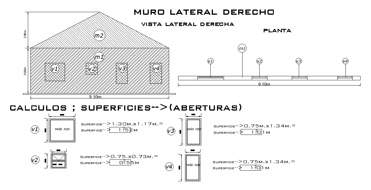 12x9m house building right side wall is given in this AutoCAD drawing