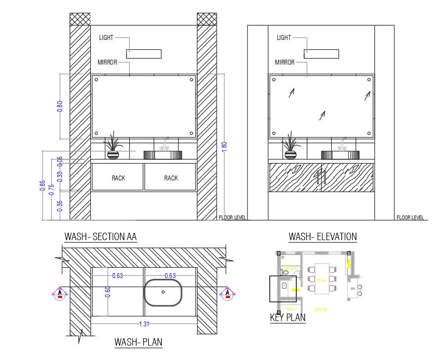 1300x700mm washbasin plan and section views