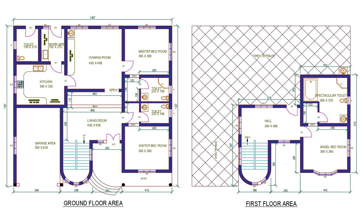 1307x1327cm ground floor house plan AutoCAD drawing