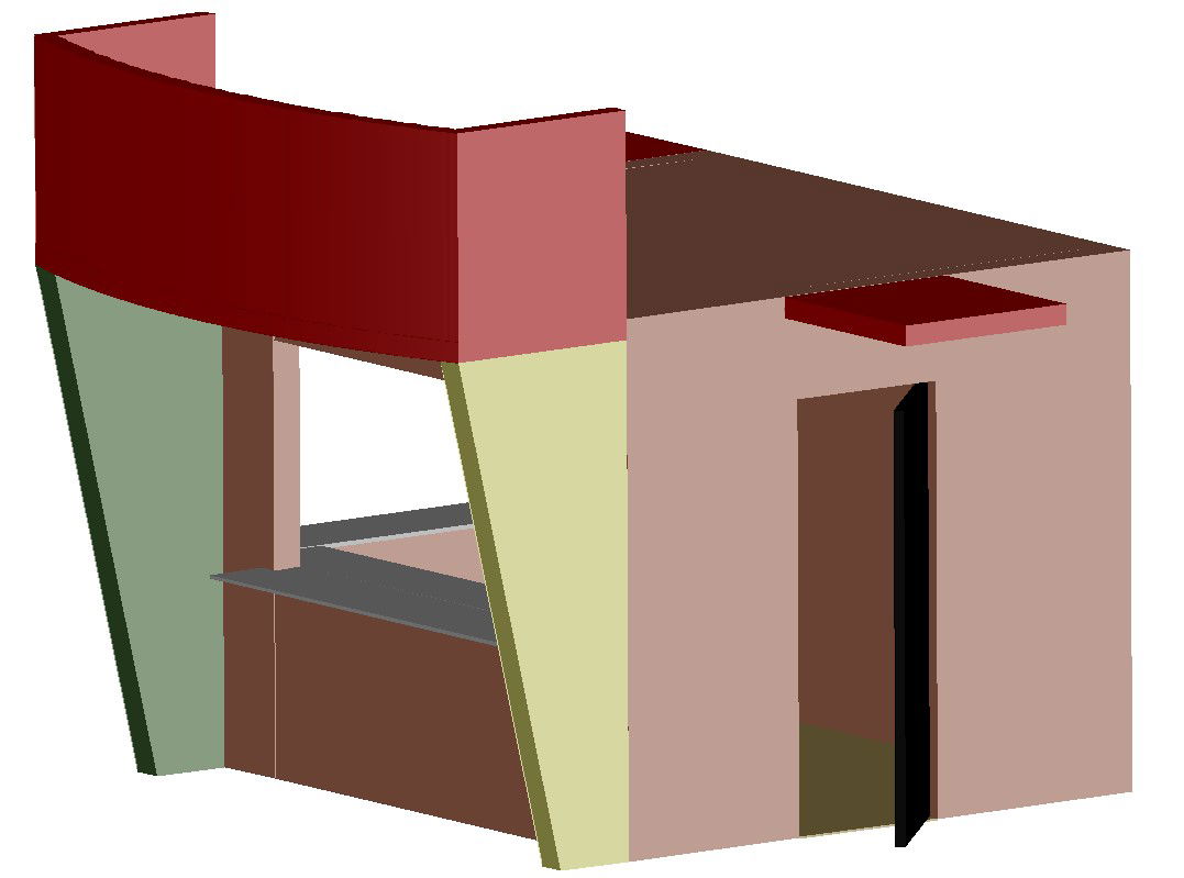 3D compact fast food kiosk design with service counter and entry door