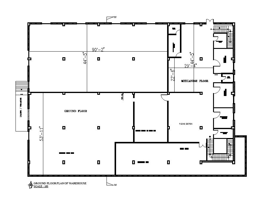 131’x90’ ware house plan is given in this Autocad drawing file. Download now.