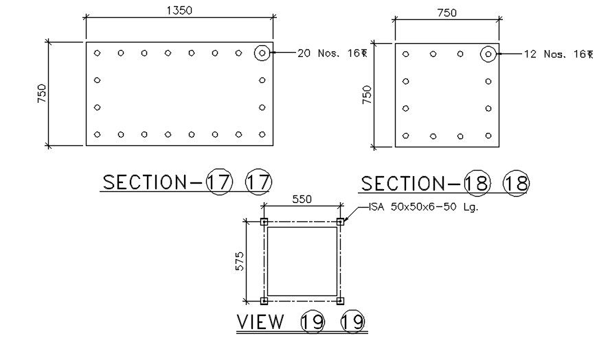 1350 X 750 size of column detail drawing provided in this Autocad file. Download this 2d Autocad drawing file.