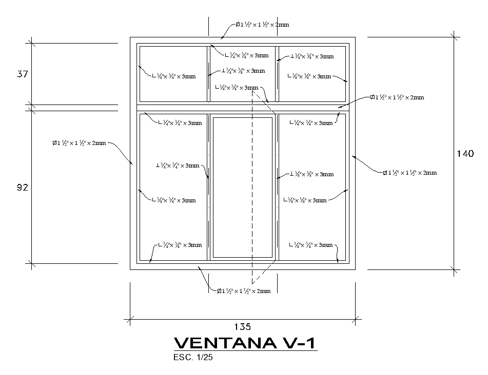 135x140cm window plan AutoCAD drawing
