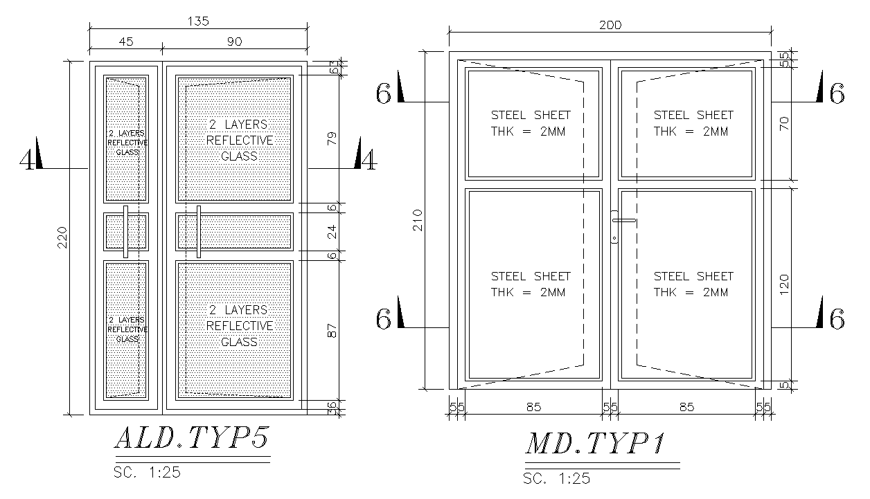 135x220cm door plan is given in this AutoCAD drawing model. Download now.