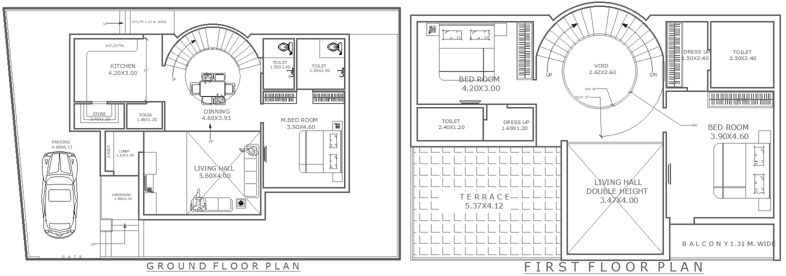 13.68m×9m 3BHK House Plan Ground First Floor DWG File